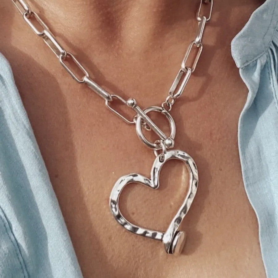 Boho Hammered Heart Link Necklace