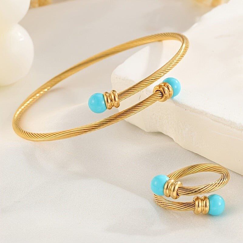 18k Classy Twisted Turquoise Bangle & Ring Set