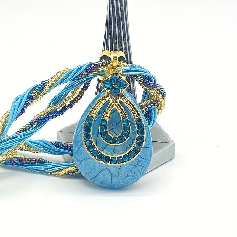 Boho Blue Crystal Teardrop Necklace
