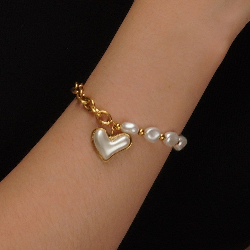 18k Elegant Baroque Pearl Heart Bracelet