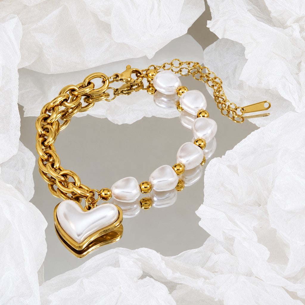 18k Elegant Baroque Pearl Heart Bracelet