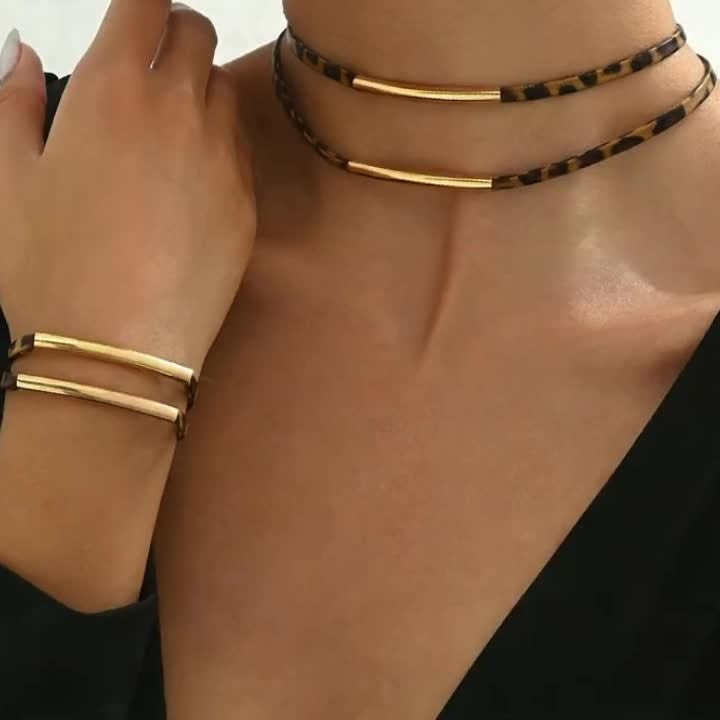 2pc Vintage Leopard Tube Choker Set