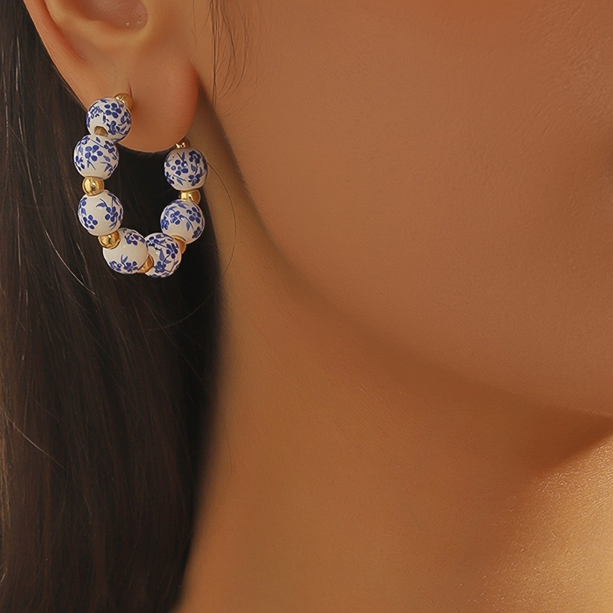 Vintage Blue Floral Ceramic Hoop Earrings