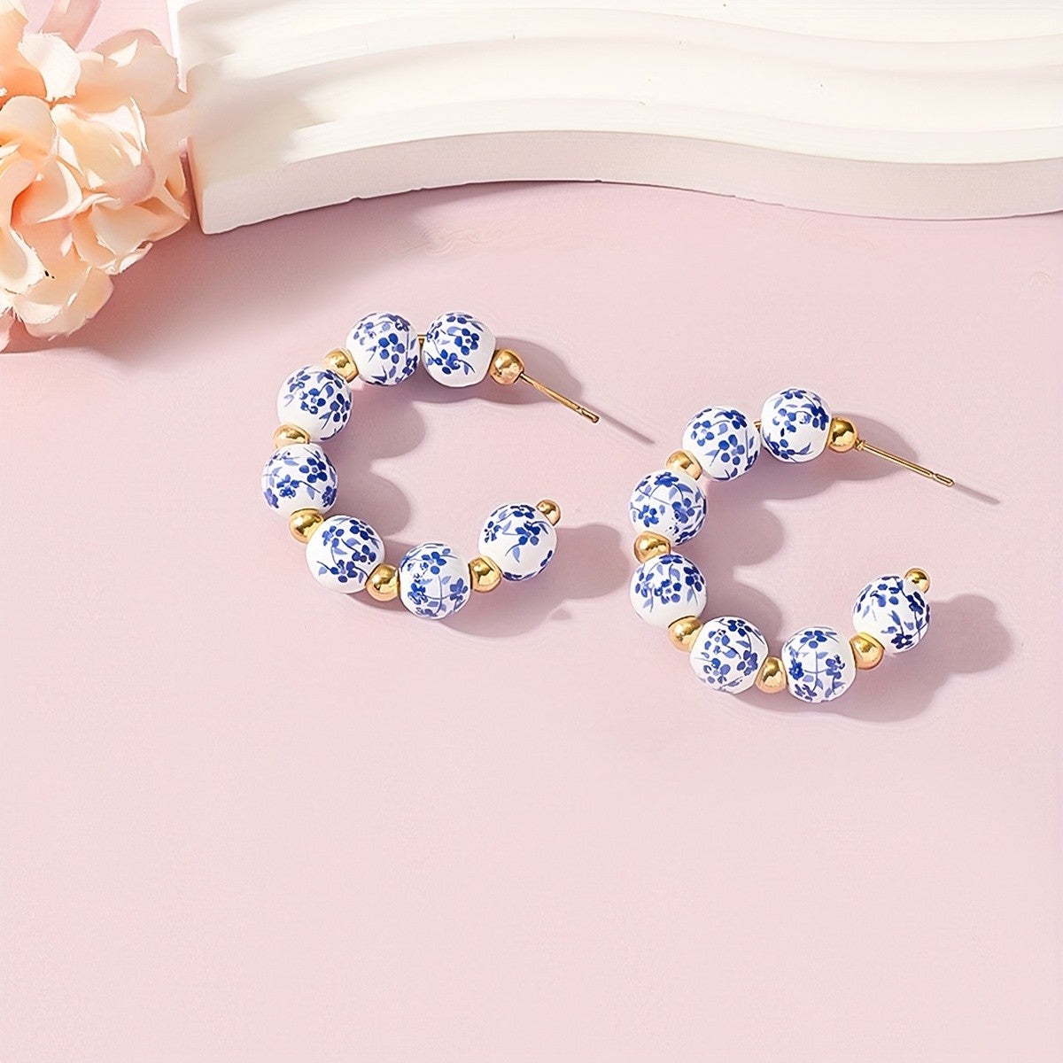 Vintage Blue Floral Ceramic Hoop Earrings