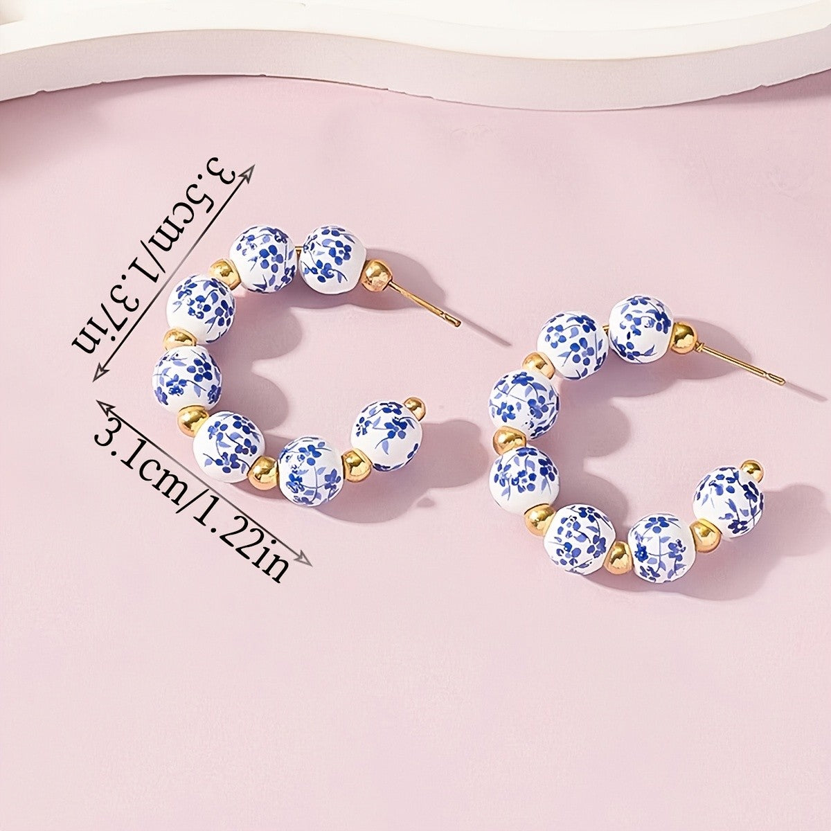 Vintage Blue Floral Ceramic Hoop Earrings