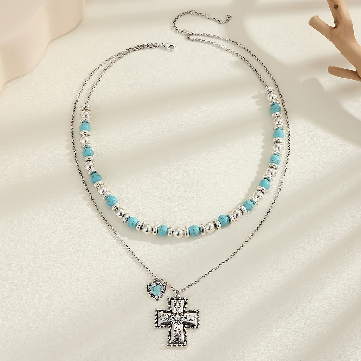 Boho Turquoise Heart Cross Necklace