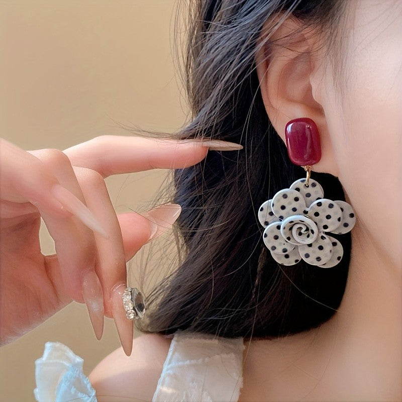 Classy White Polka Dot Flower Earrings