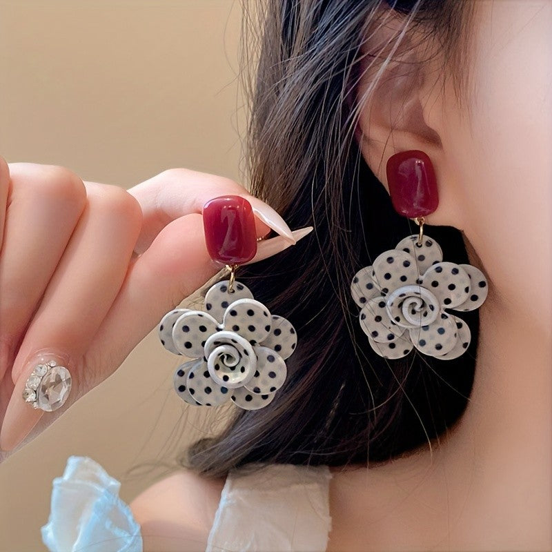 Classy White Polka Dot Flower Earrings