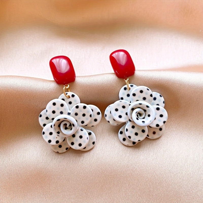 Classy White Polka Dot Flower Earrings