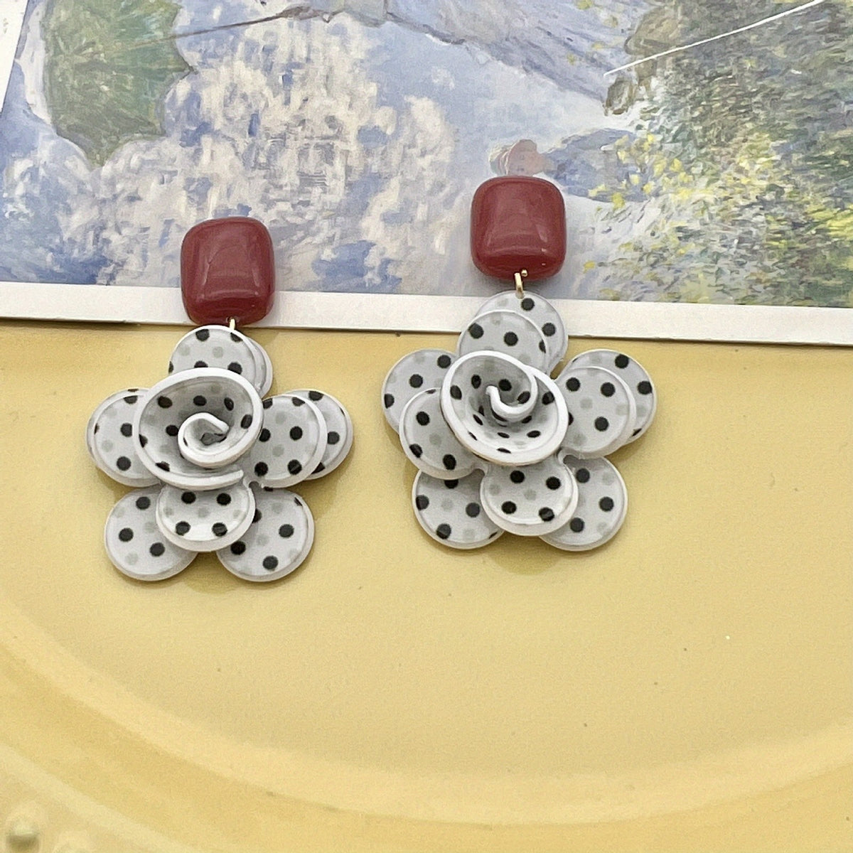 Classy White Polka Dot Flower Earrings
