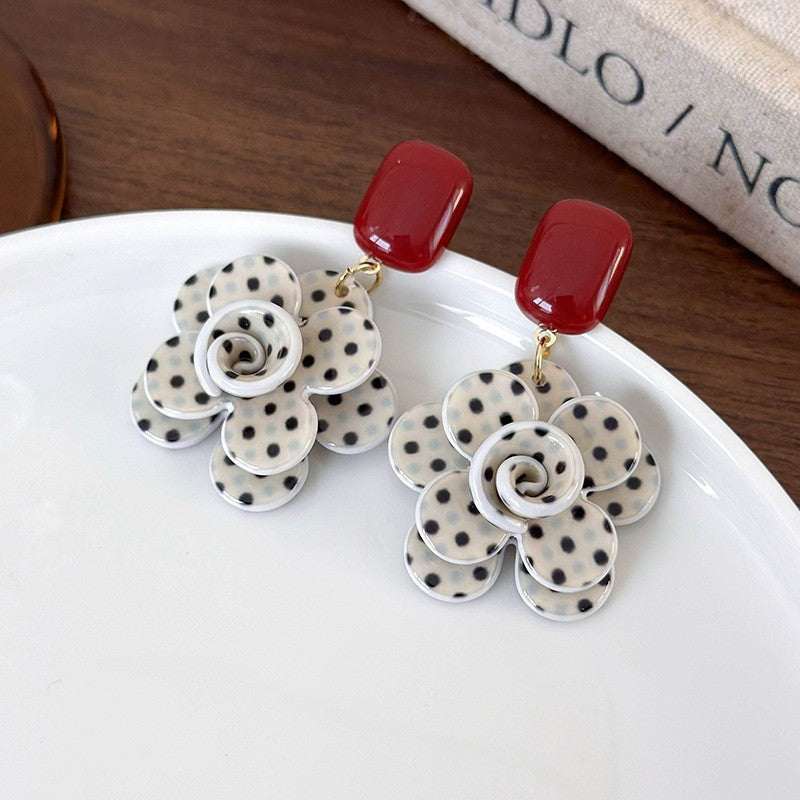 Classy White Polka Dot Flower Earrings