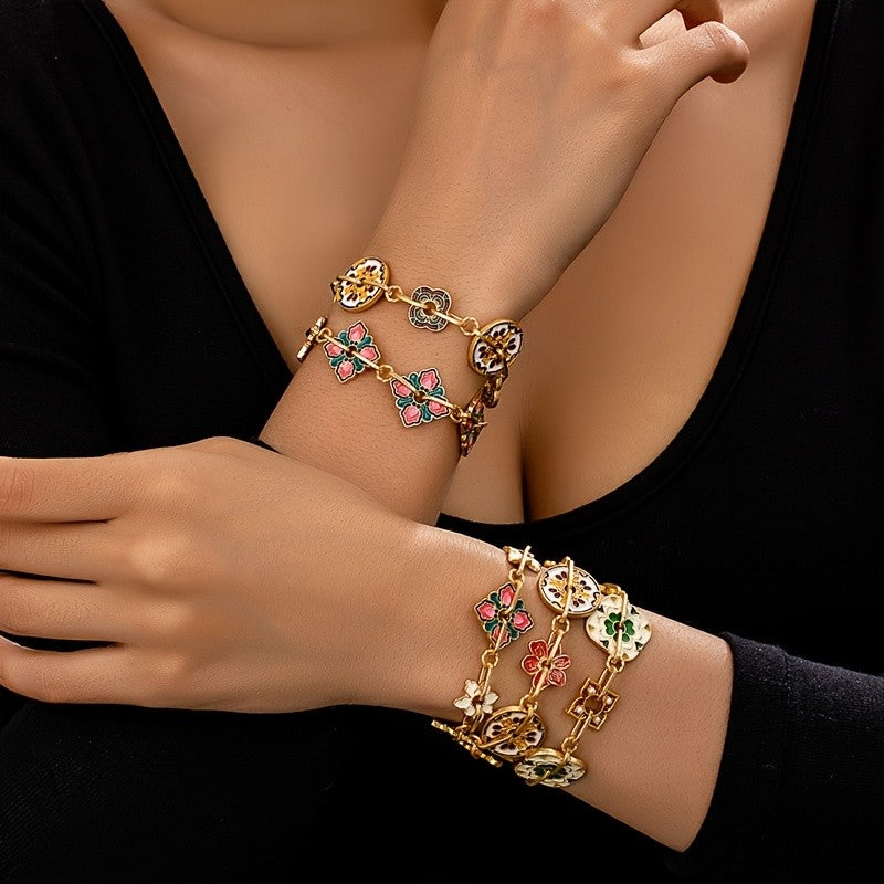Vintage Enamel Floral Link Bracelet