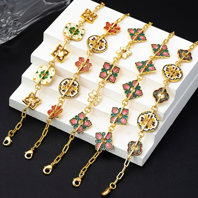 Vintage Enamel Floral Link Bracelet