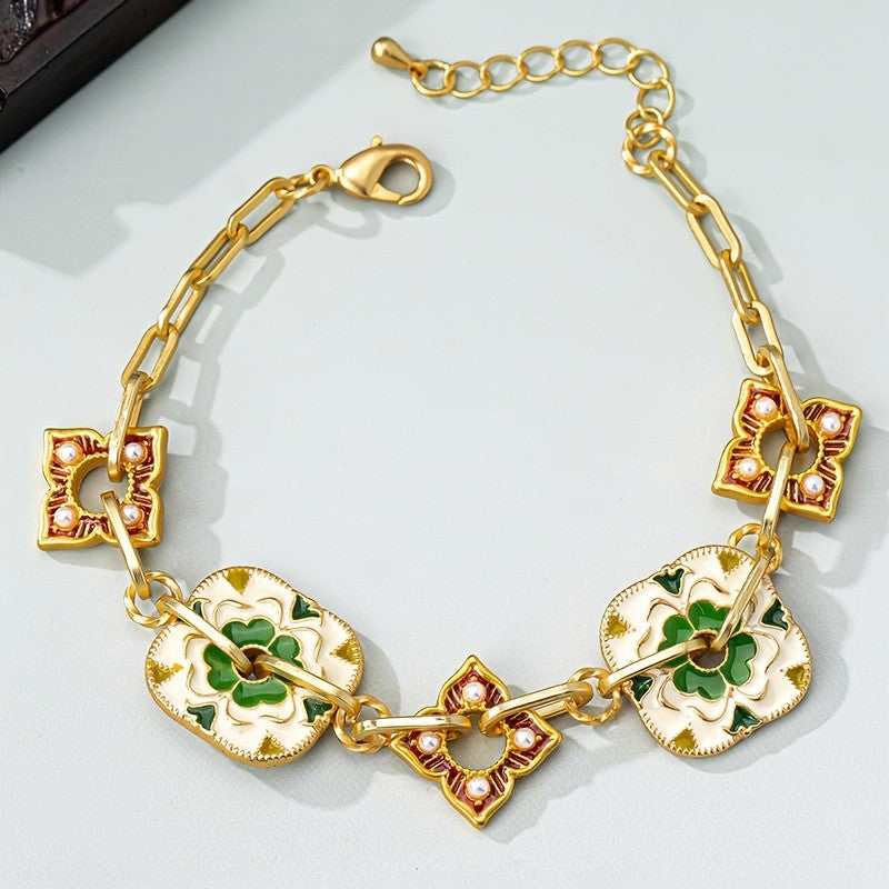 Vintage Enamel Floral Link Bracelet