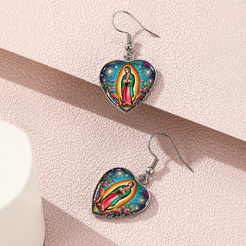 Vintage Our Lady of Guadalupe Heart Earrings