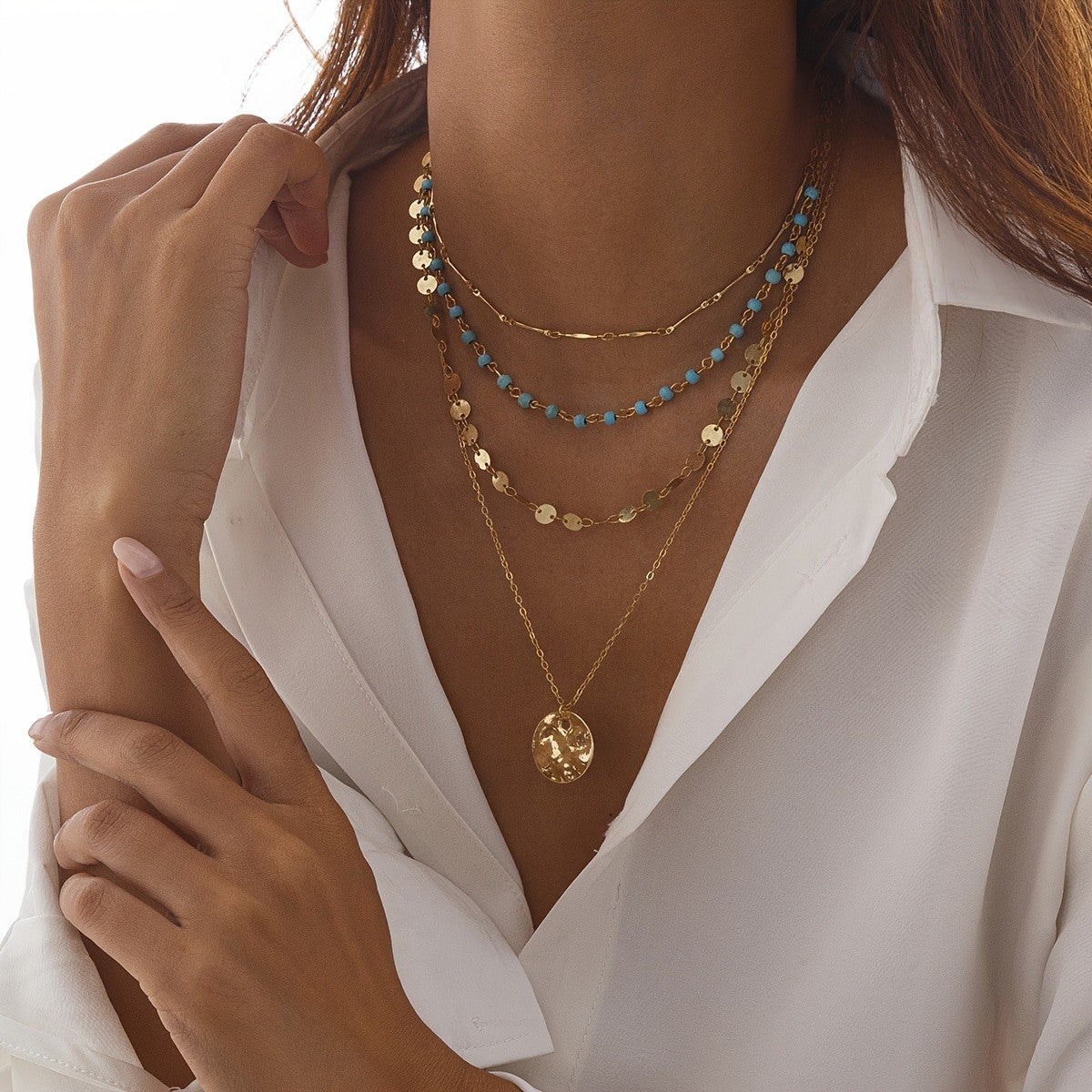 4pc Boho Layered Disc Necklace Set