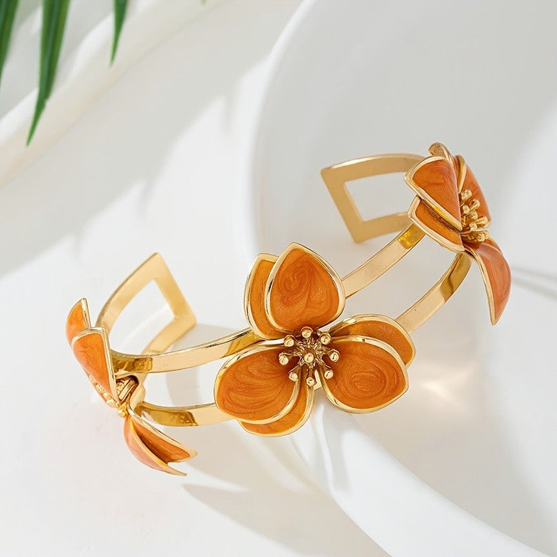 Elegant Green Floral Open Cuff Bracelet