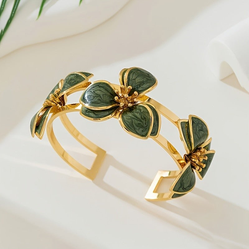 Elegant Green Floral Open Cuff Bracelet