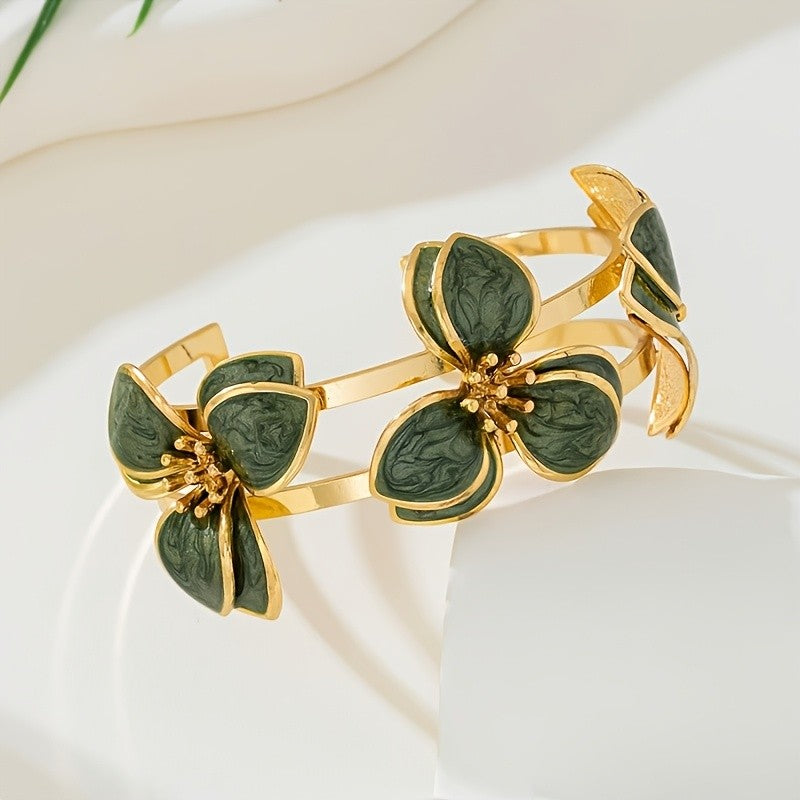 Elegant Green Floral Open Cuff Bracelet