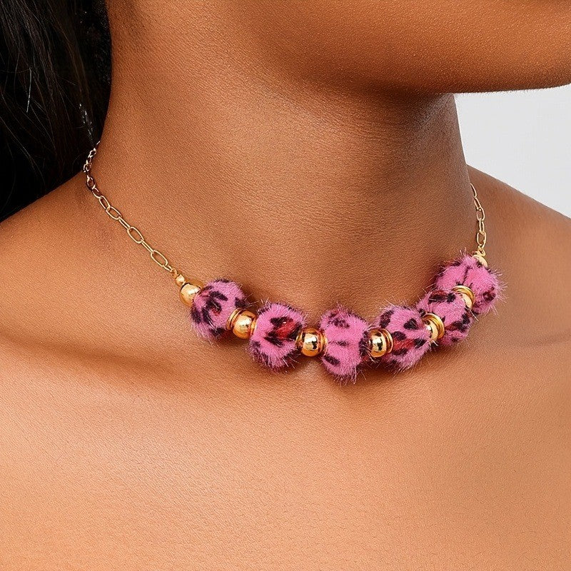 Boho Pink Faux Fur Leopard Necklace