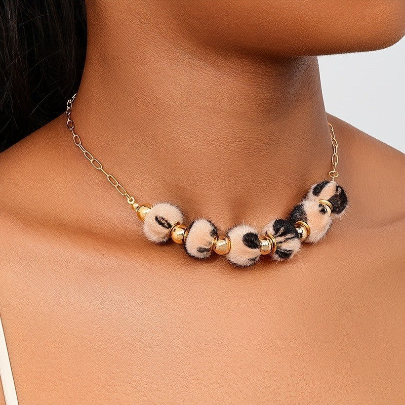 Boho Pink Faux Fur Leopard Necklace