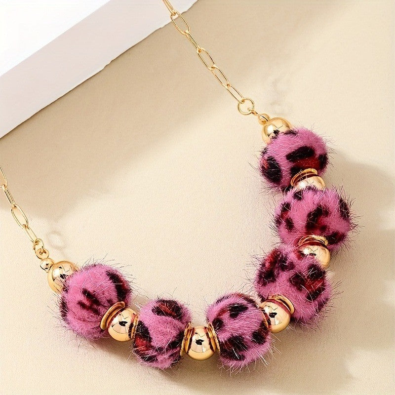 Boho Pink Faux Fur Leopard Necklace
