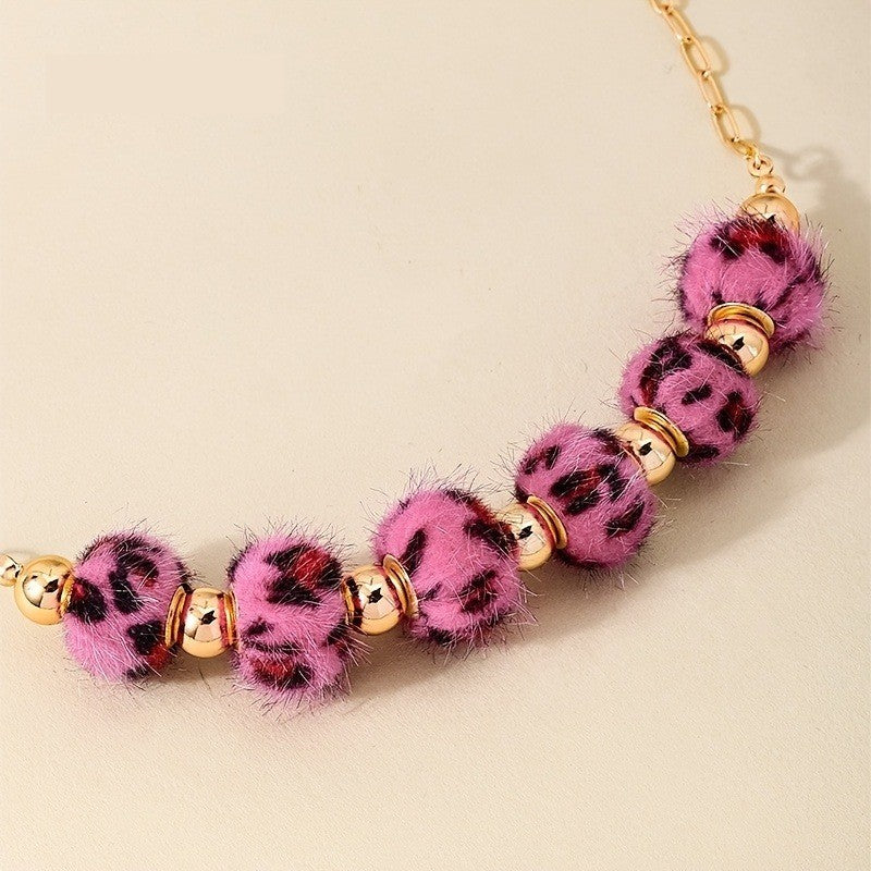 Boho Pink Faux Fur Leopard Necklace