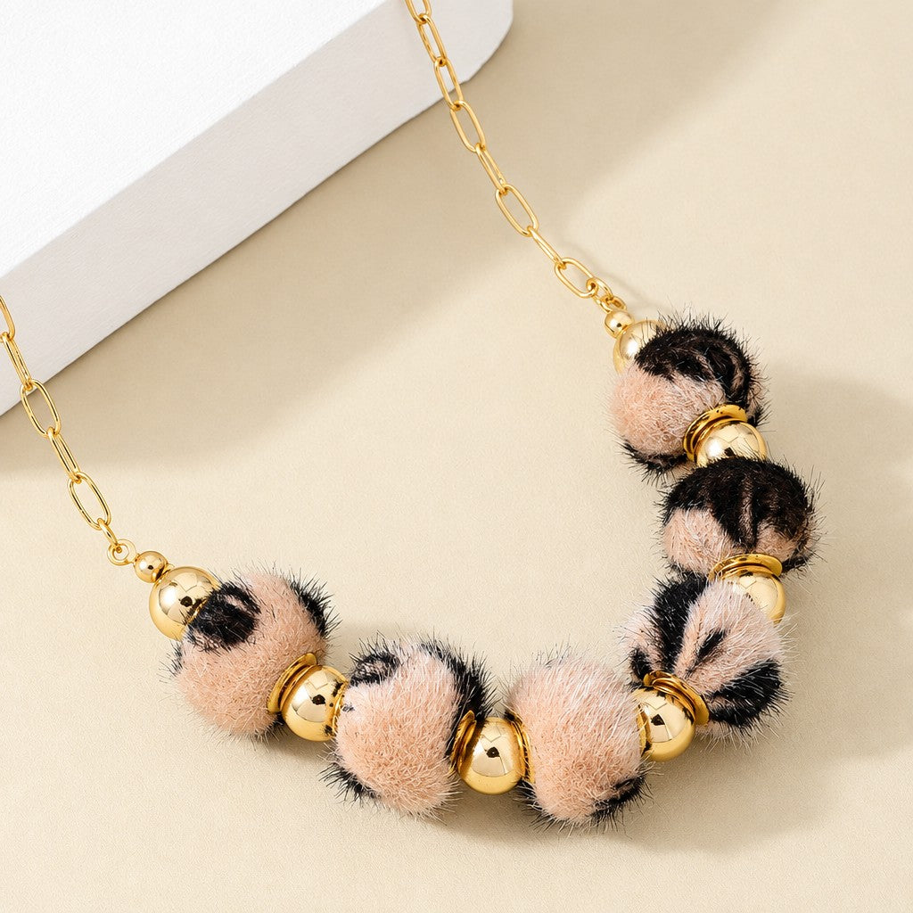 Boho Pink Faux Fur Leopard Necklace