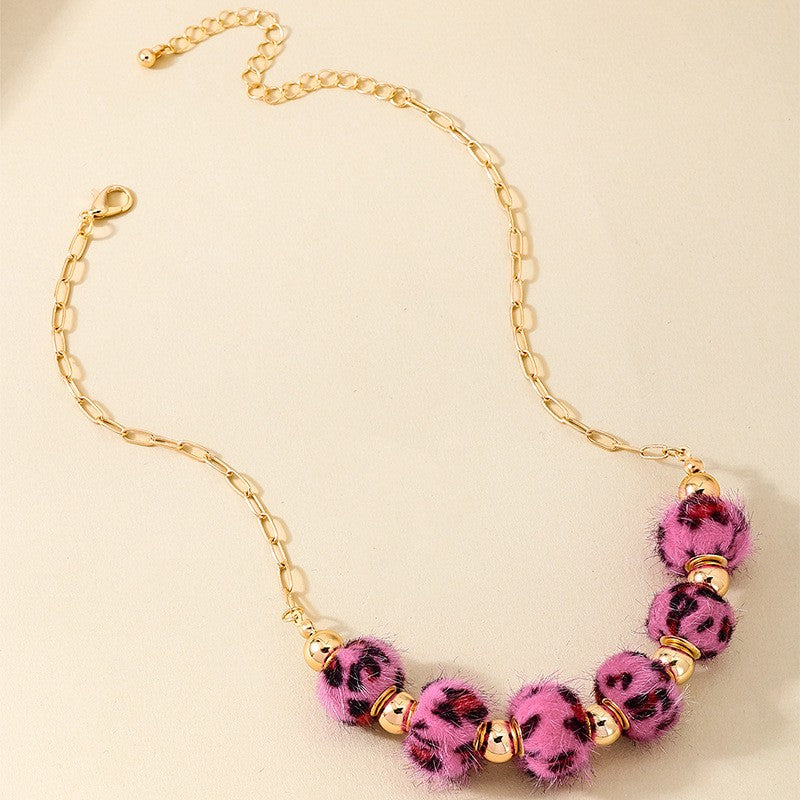 Boho Pink Faux Fur Leopard Necklace