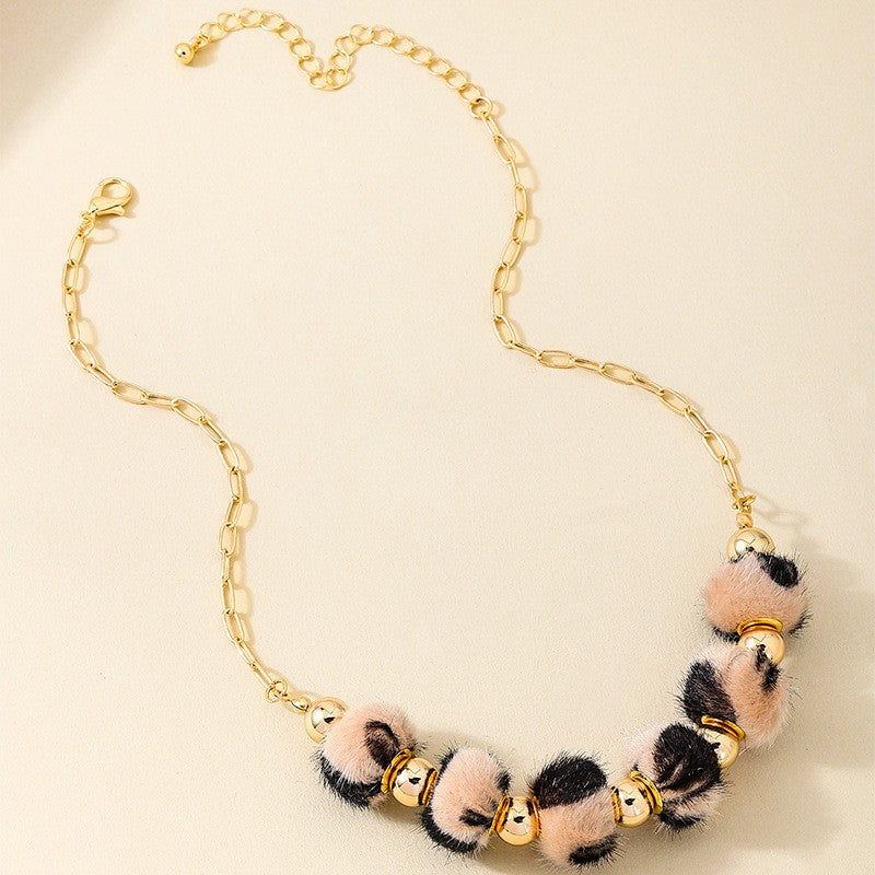 Boho Pink Faux Fur Leopard Necklace