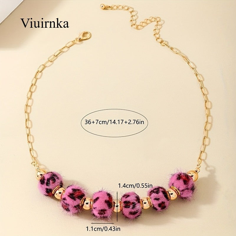 Boho Pink Faux Fur Leopard Necklace