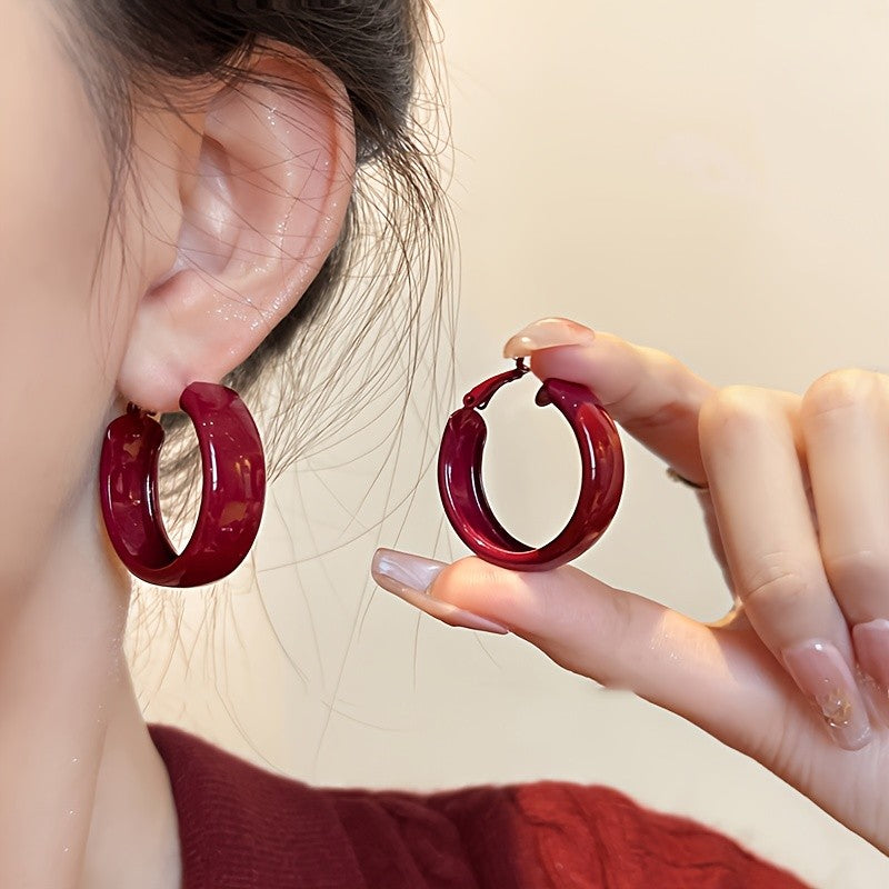 Vintage Glossy Red Wide Hoop Earrings