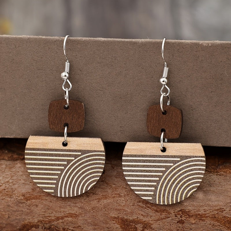Boho Vintage Wood Geometric Earrings