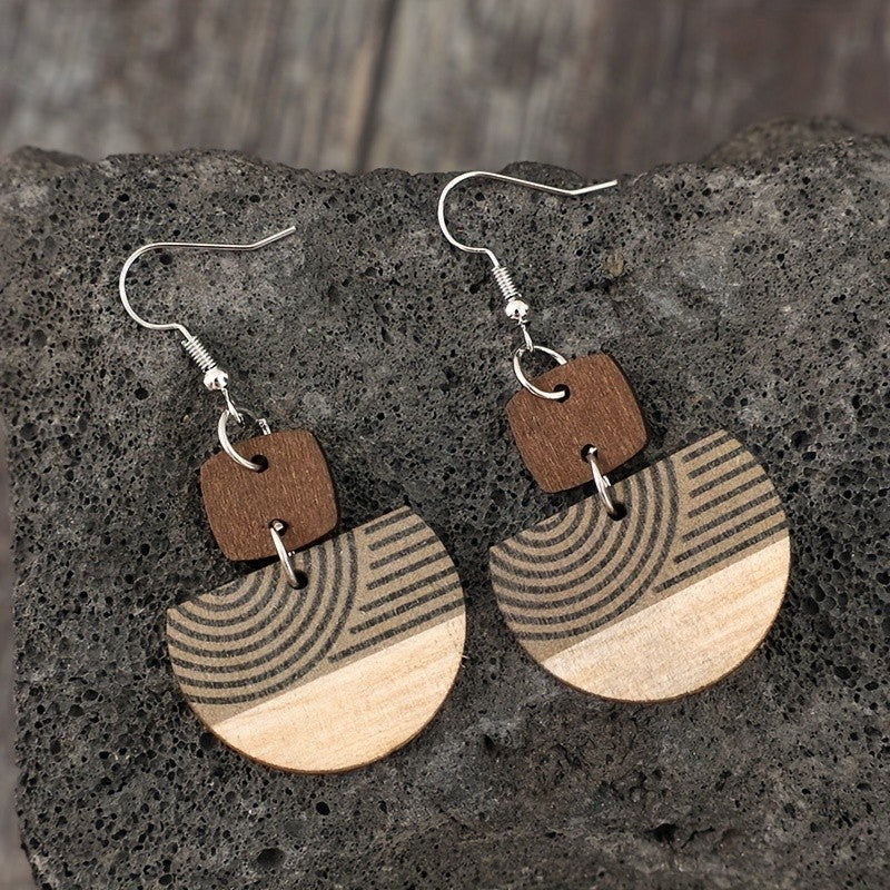 Boho Vintage Wood Geometric Earrings