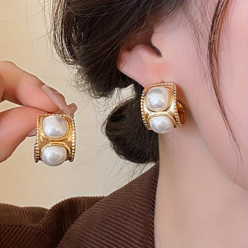 Vintage Elegant Double Pearl Stud Earrings