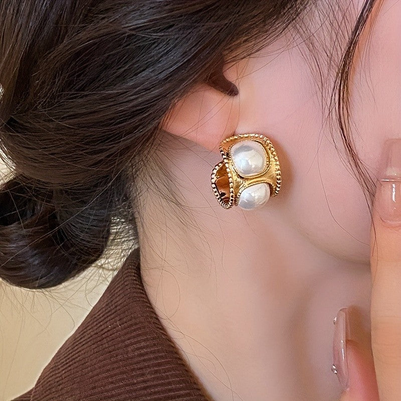 Vintage Elegant Double Pearl Stud Earrings