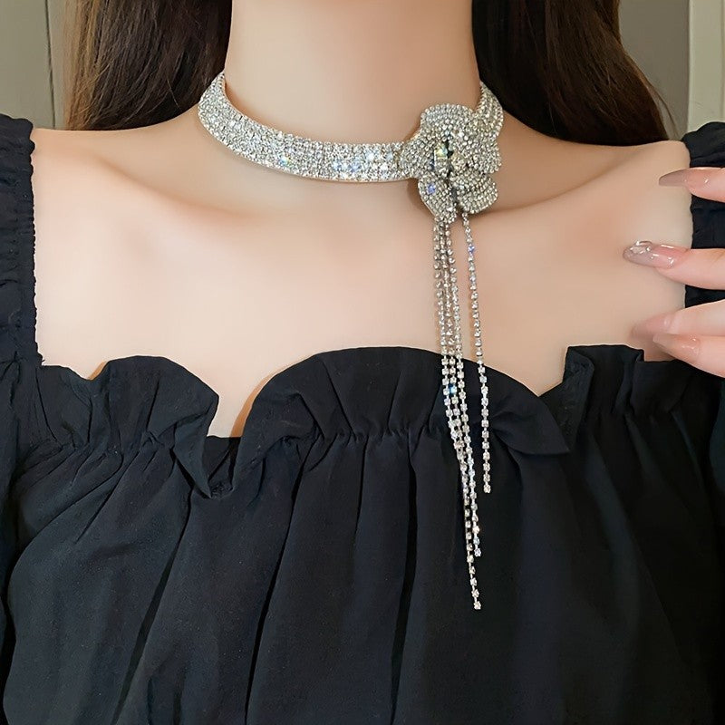 Classy Rhinestone Bow Tassel Choker Necklace