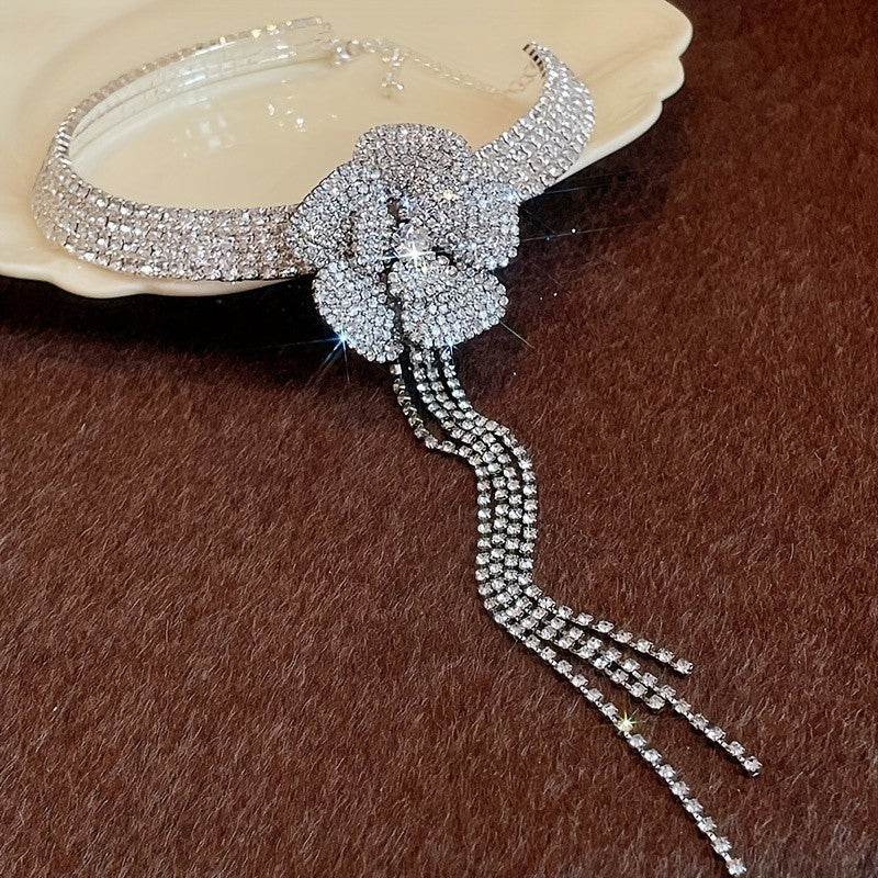 Classy Rhinestone Bow Tassel Choker Necklace