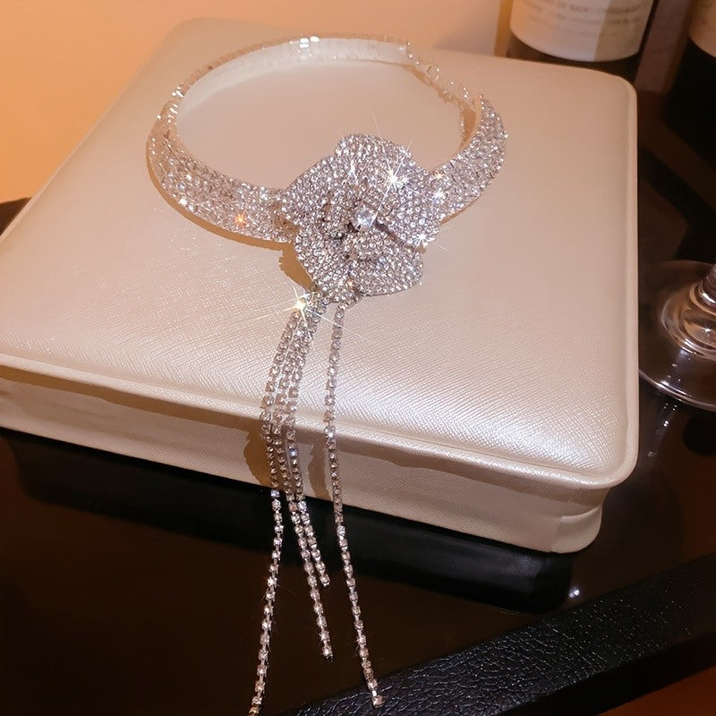 Classy Rhinestone Bow Tassel Choker Necklace