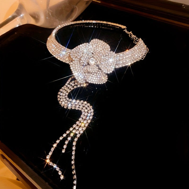 Classy Rhinestone Bow Tassel Choker Necklace