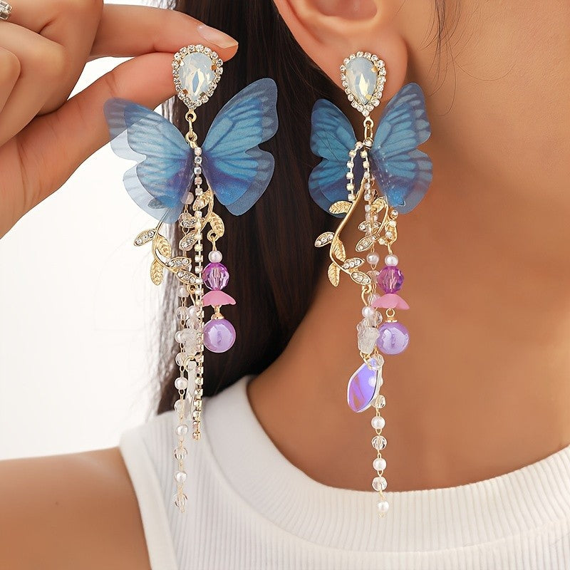 Romantic Blue Butterfly Tassel Earrings