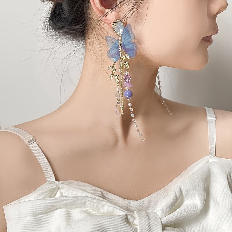 Romantic Blue Butterfly Tassel Earrings