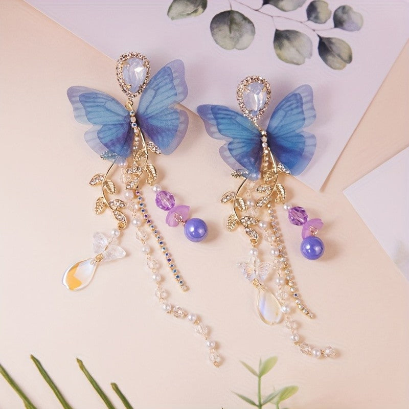 Romantic Blue Butterfly Tassel Earrings