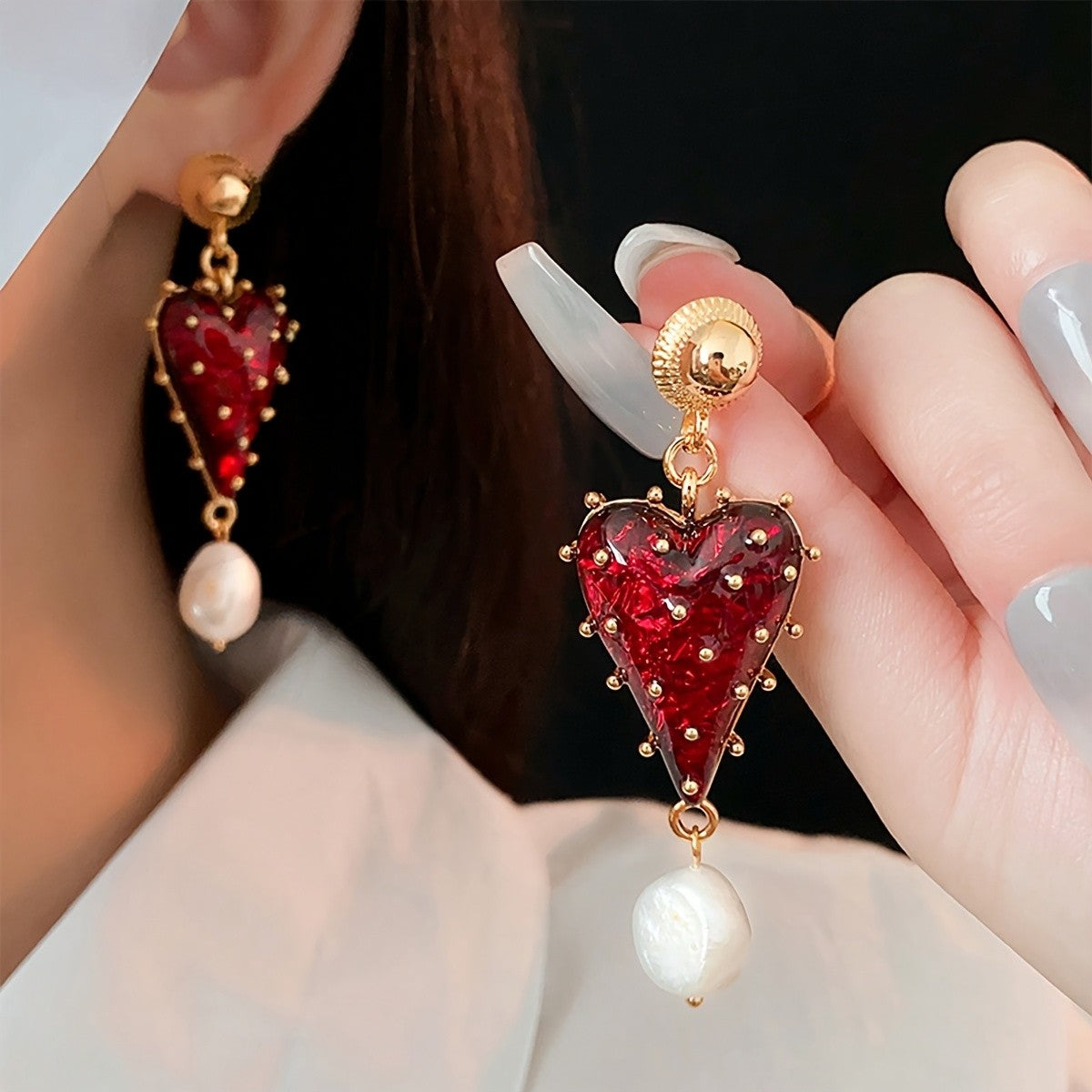 18k Vintage Red Resin Heart Drop Earrings