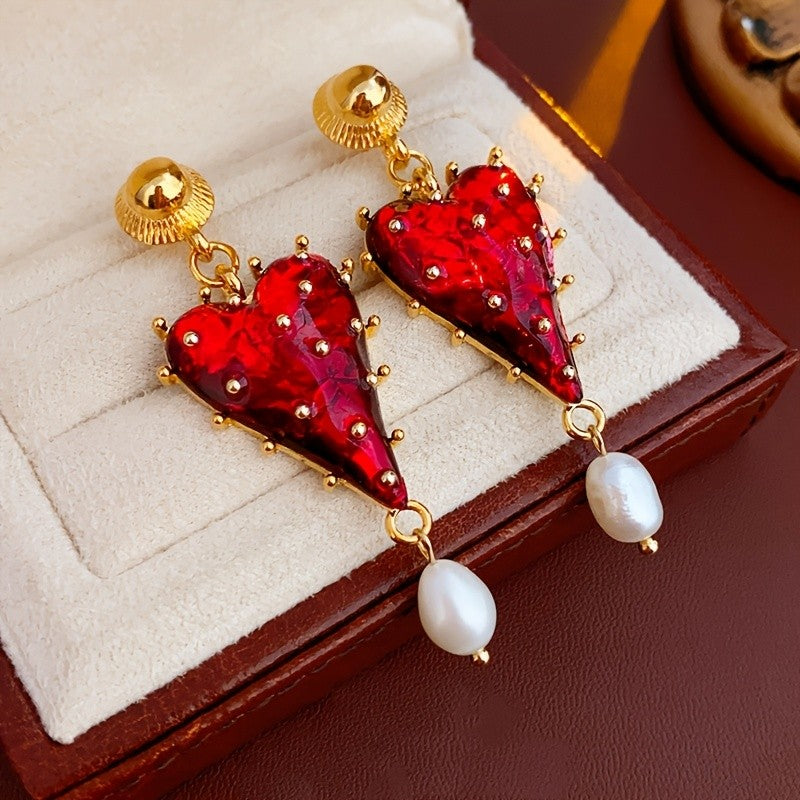 18k Vintage Red Resin Heart Drop Earrings