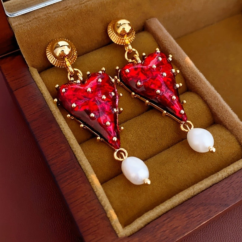 18k Vintage Red Resin Heart Drop Earrings