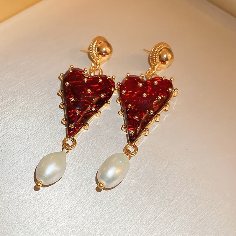 18k Vintage Red Resin Heart Drop Earrings