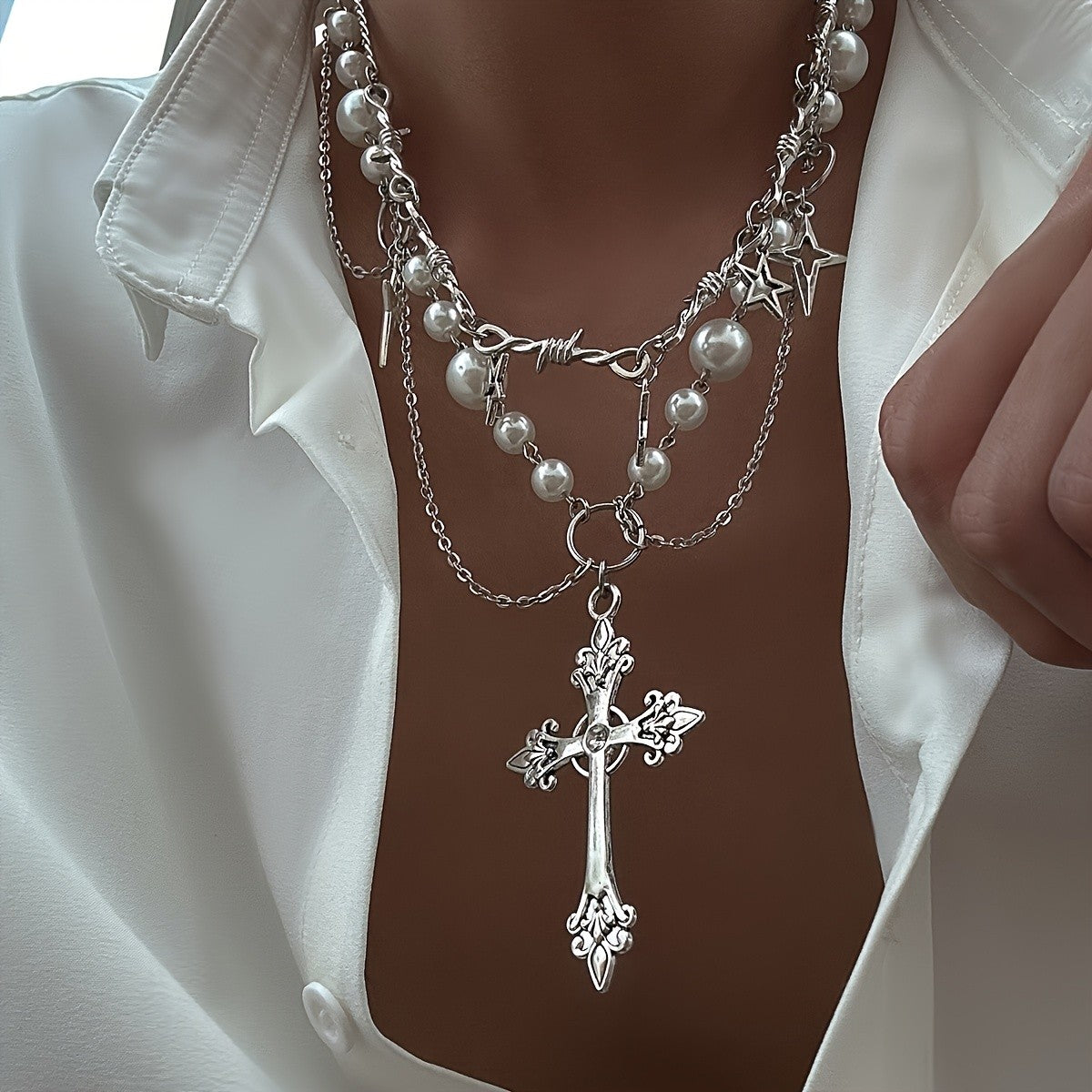 Classy Layered Pearl Star Cross Necklace