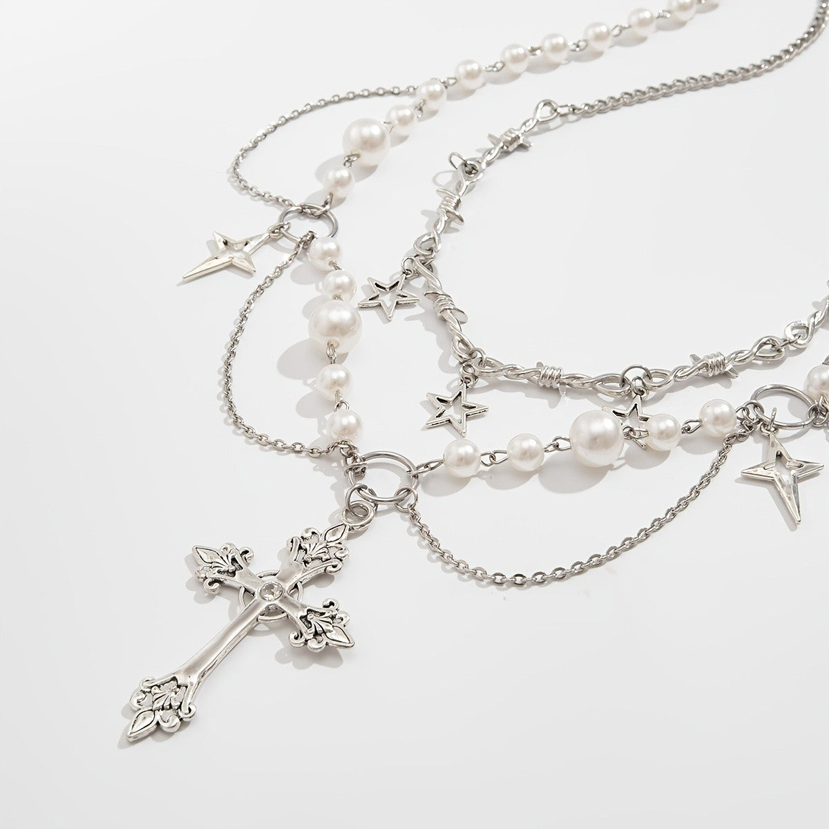 Classy Layered Pearl Star Cross Necklace