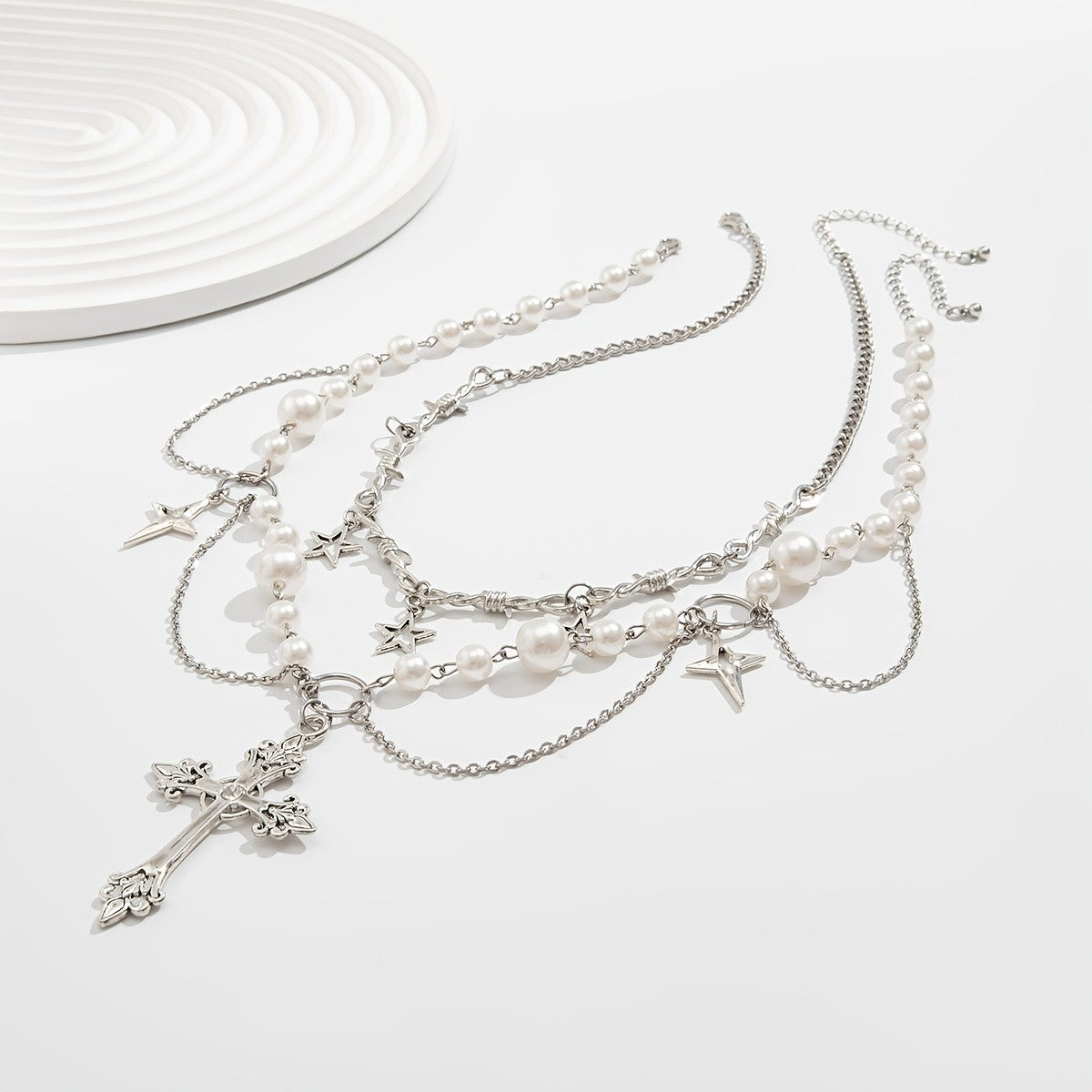 Classy Layered Pearl Star Cross Necklace